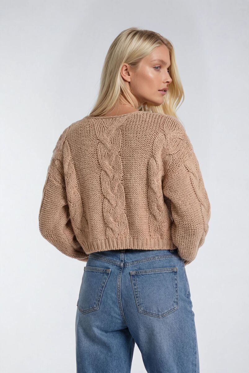 V-Neck Cable Knit Sweater - Image 3