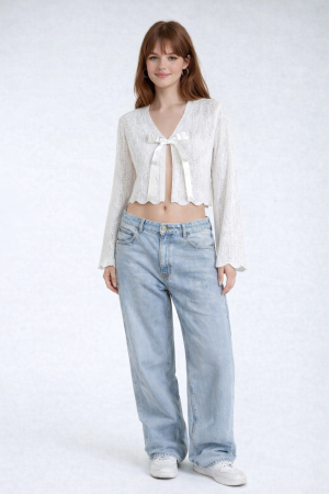 Open-Front Pointelle Bow Cardigan