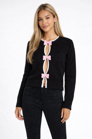 Velvet Bow Open-Front Knit Sweater
