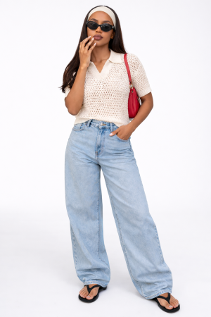 Short-Sleeve Crochet Collared Sweater Top