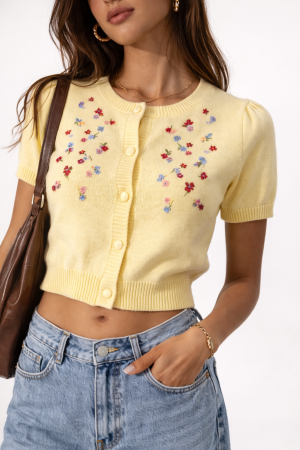 Floral Embroidered Puff-Sleeve Cardigan