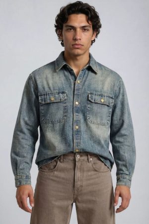 F21 Men Vintage Wash Denim Shirt