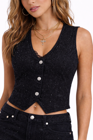 Stretch Denim Vest with Rhinestones
