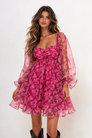 Floral Print Organza Mini Dress