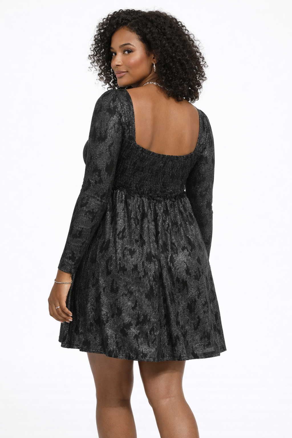 Long-Sleeve Metallic Baby Doll Mini Dress - Image 2