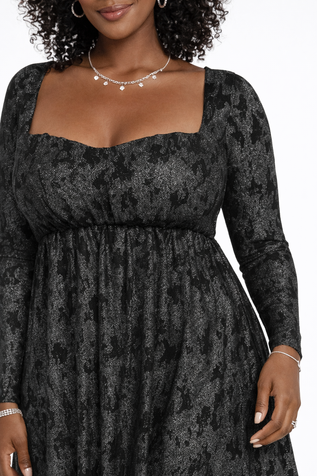 Long-Sleeve Metallic Baby Doll Mini Dress - Image 3