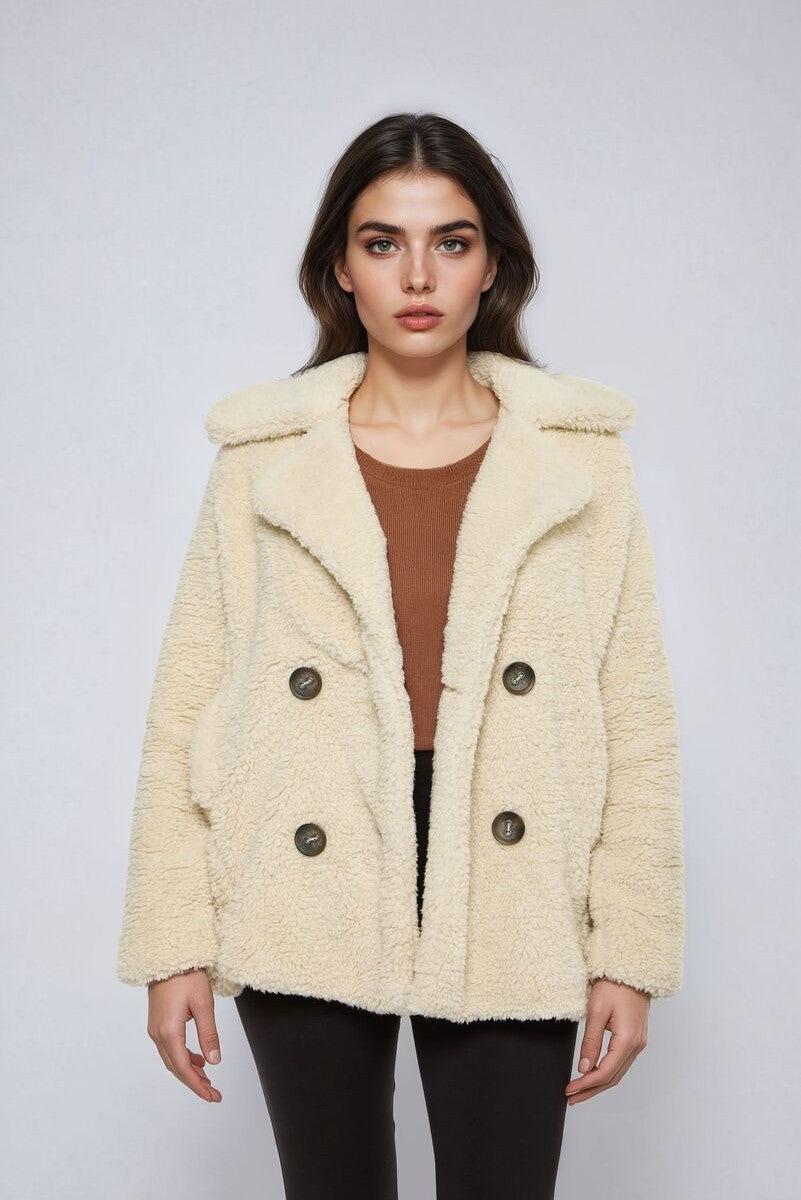 Double-Breasted Faux Shearling Coat - Image 2