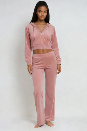 Velour Zip-Front Hoodie & Pant Set