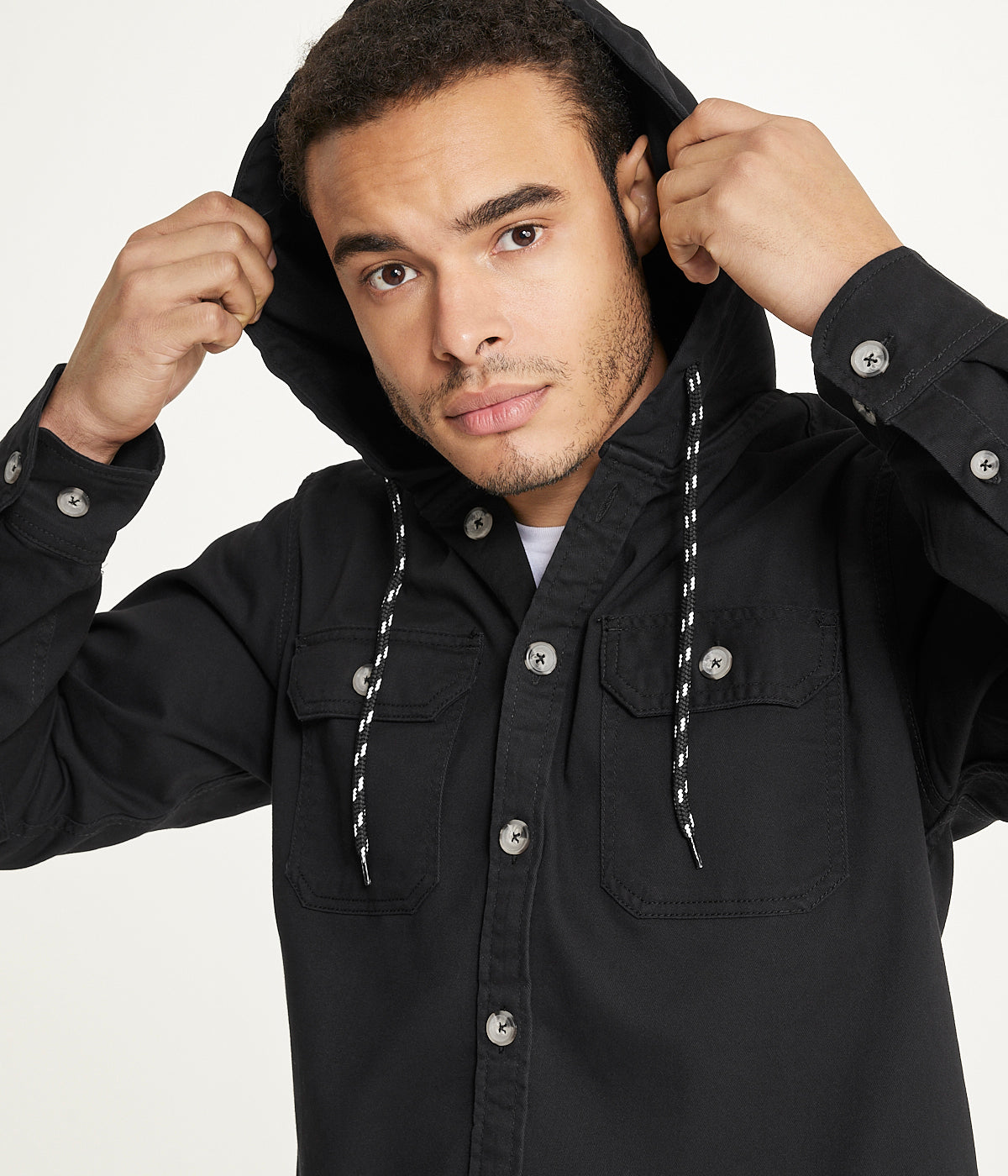 Men's Long Sleeve Hooded Shirt Jacket: Stretch Twill - Image 4