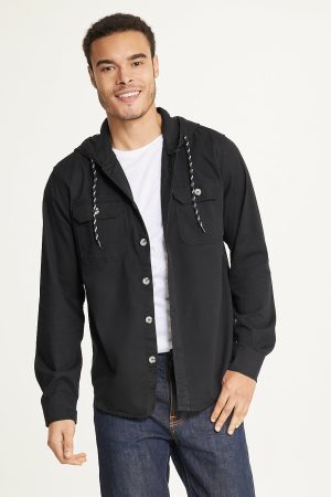 Men's Long Sleeve Hooded Shirt Jacket: Stretch Twill