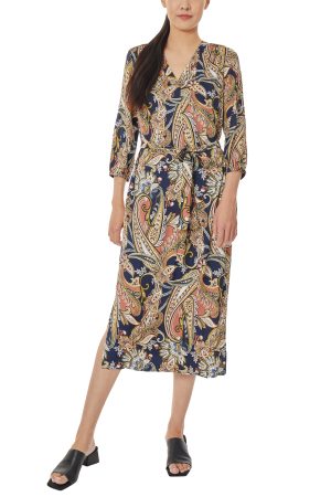 V-Neck Midi Dress with Tie Waist