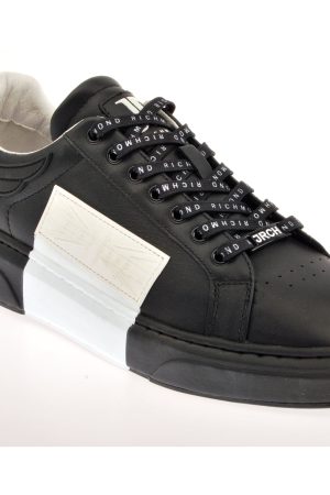 Black and White Leather Logo Low Top Sneakers