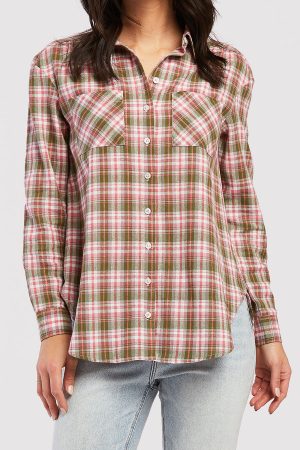 Long Sleeve Button Down Shirt. Chest Patch Pockets Shirred Shoulder Detail