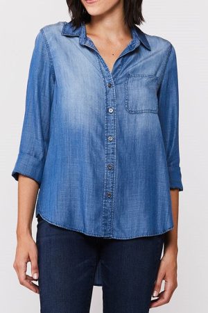 3/4 Cuffed Sleeve Button Down Shirt Single Chest Pocket Hi Low Hem