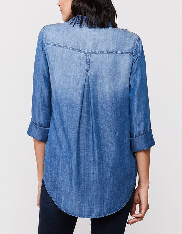 3/4 Cuffed Sleeve Button Down Shirt Single Chest Pocket Hi Low Hem - Image 3