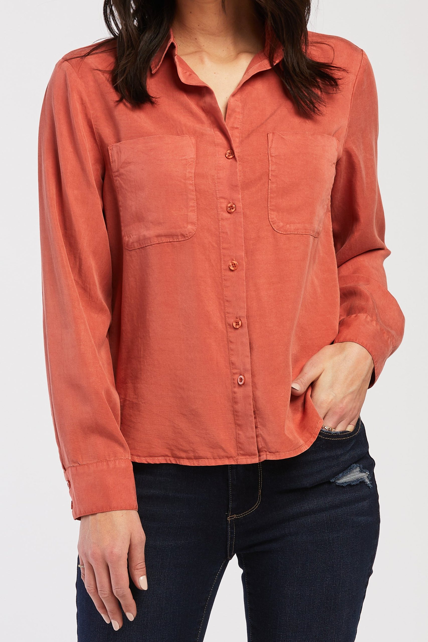 Long Sleeve Button Down Shirt Front Chest Patch Pockets - Image 2