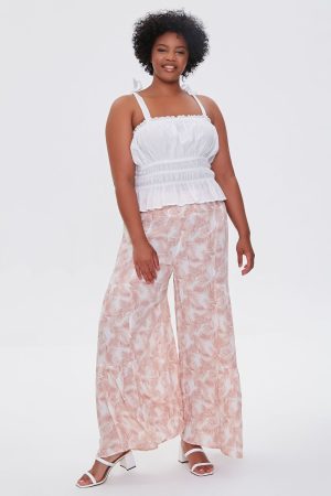 Plus Size Leaf Print Wide-Leg Pants