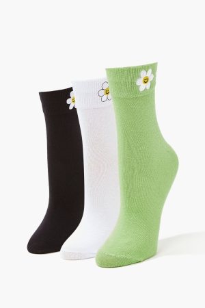 Embroidered Flower Crew Sock Set - 3 pack