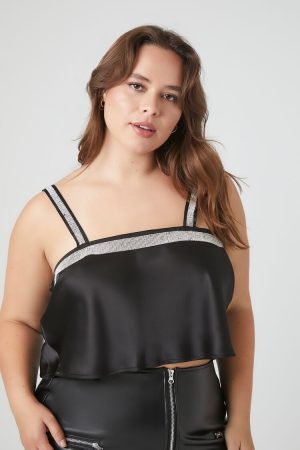 Plus Size Satin Rhinestone-Trim Crop Top