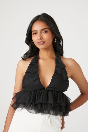Mesh Ruffle Halter Crop Top