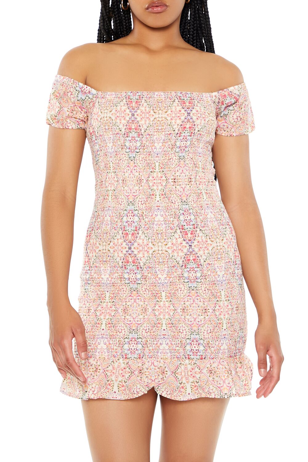 Smocked Ornate Print Mini Dress