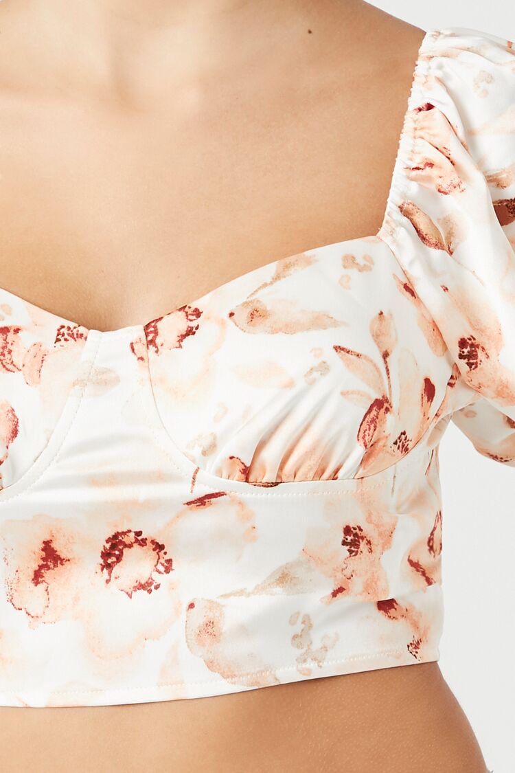 Satin Floral Puff-Sleeve Crop Top - Image 5