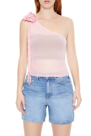 Mesh Rosette One-Shoulder Top