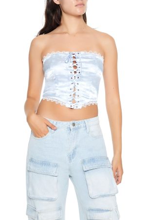 Satin Floral Lace-Up Tube Top
