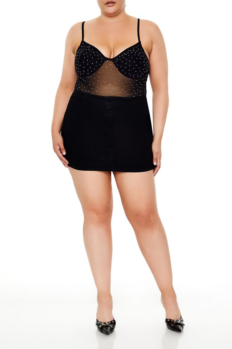 Plus Size Rhinestone Mesh Bodysuit