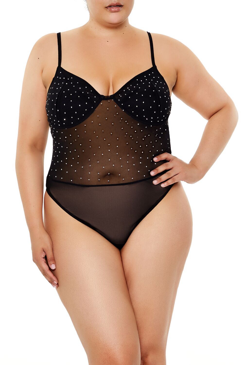 Plus Size Rhinestone Mesh Bodysuit - Image 2