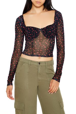 Mesh Cherry Print Crop Top