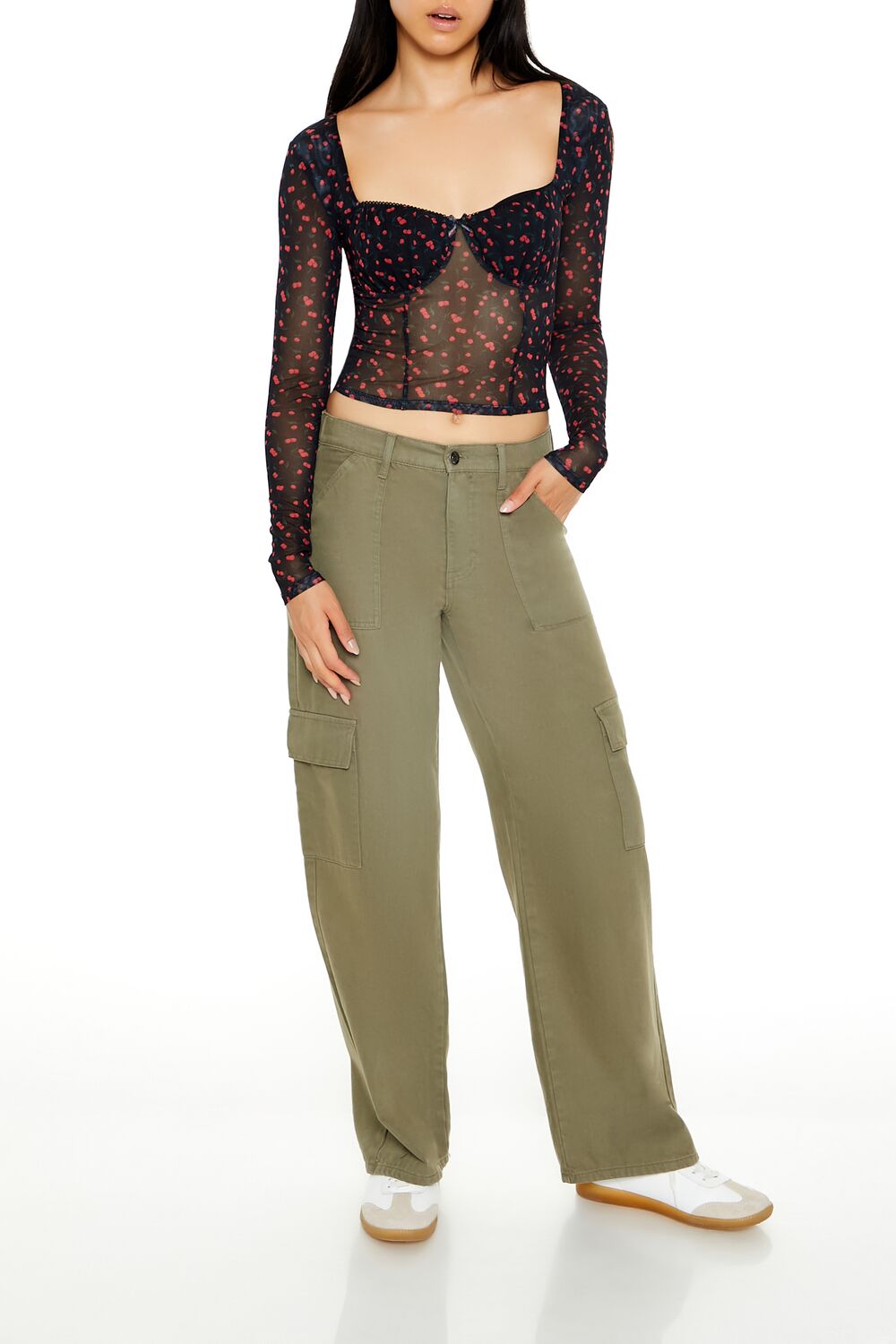 Mesh Cherry Print Crop Top - Image 2