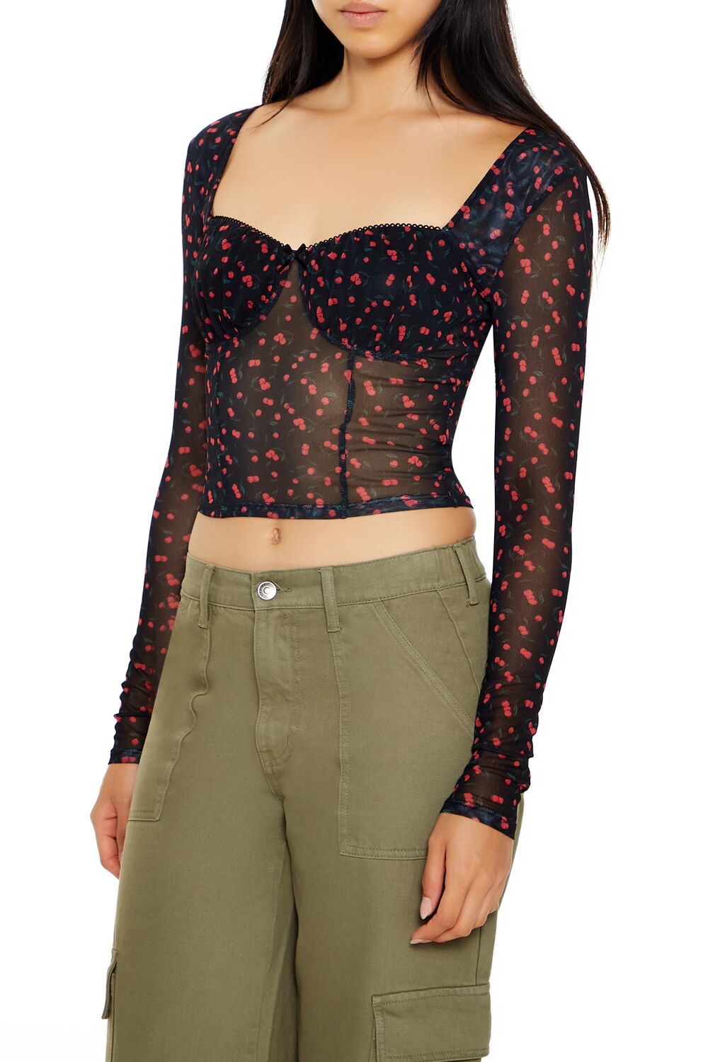 Mesh Cherry Print Crop Top - Image 4