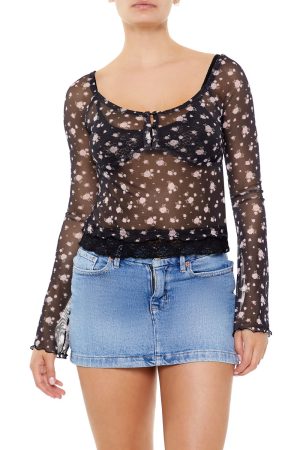 Sheer Mesh Rose Print Top
