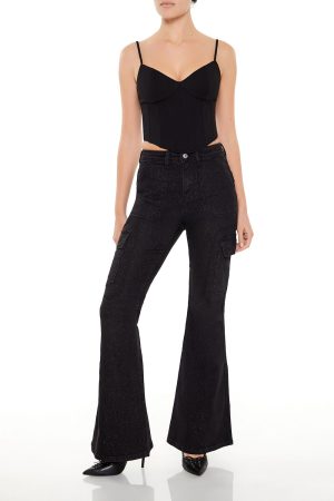 Metallic Sequin Flare Cargo Jeans