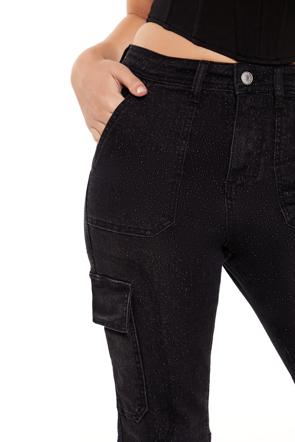 Metallic Sequin Flare Cargo Jeans - Image 5