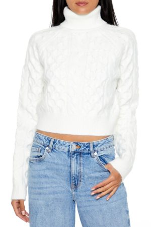 Cropped Cable Knit Turtleneck Sweater