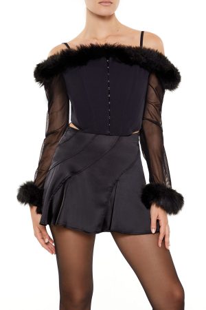 Faux Fur-Trim Open-Shoulder Top