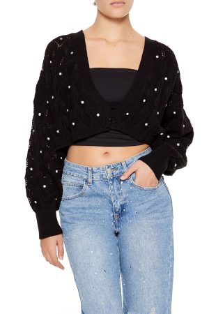 Faux Gem Cropped Cardigan Sweater