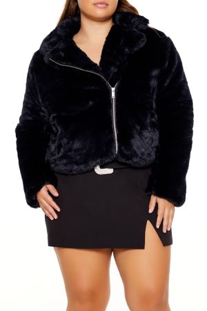 Plus Size Notched Faux Fur Coat