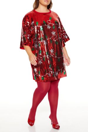 Plus Size Sequin Christmas Lights T-Shirt Dress