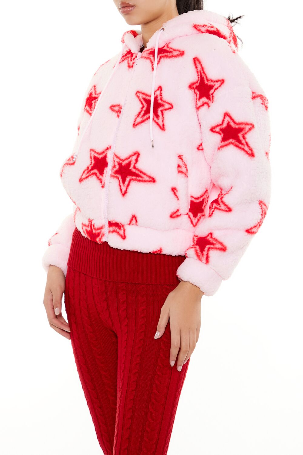 Faux Shearling Star Print Hoodie - Image 4