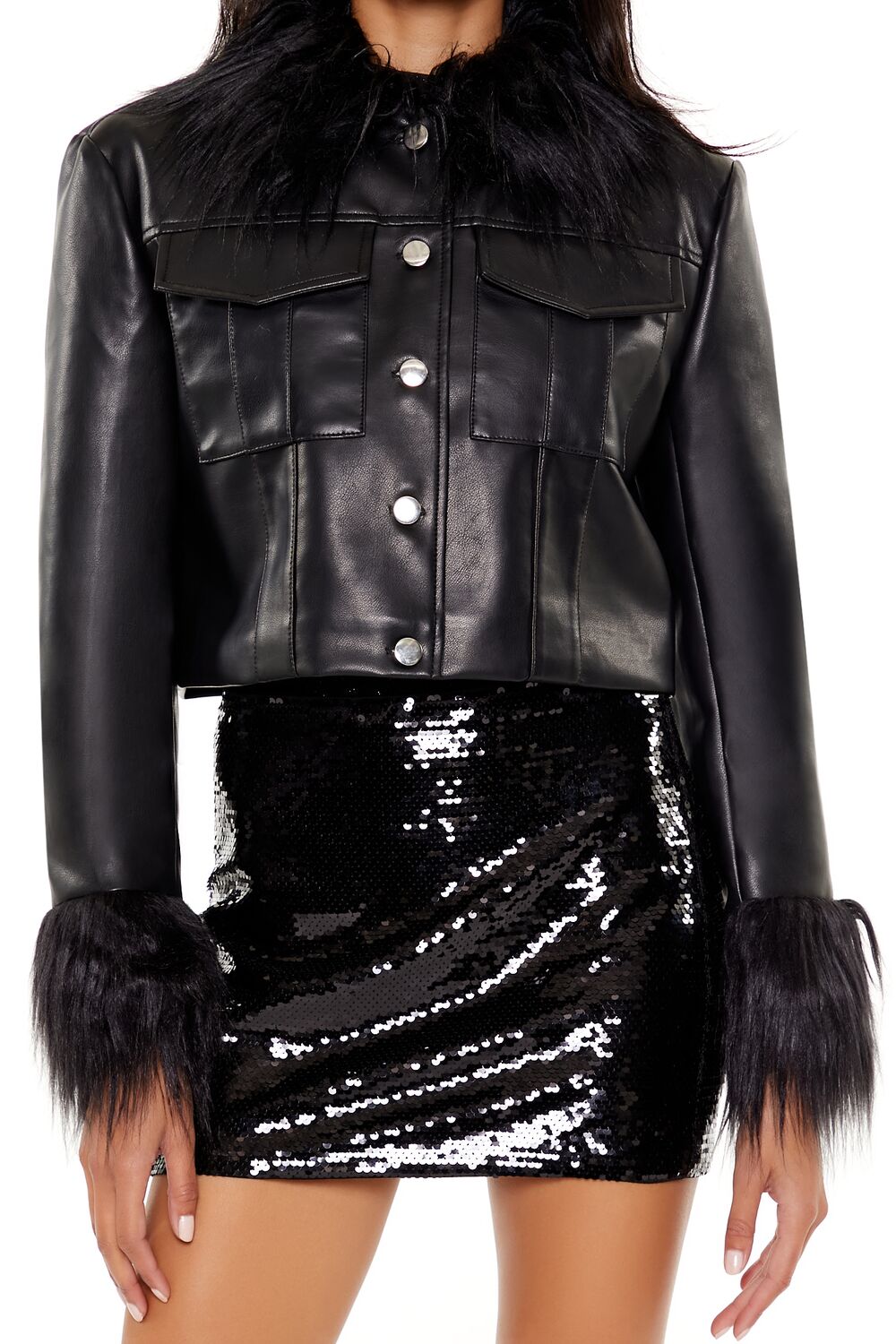 Faux Fur & Leather Trucker Jacket - Image 3