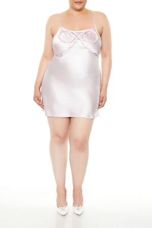 Plus Size Satin Bow Mini Slip Dress