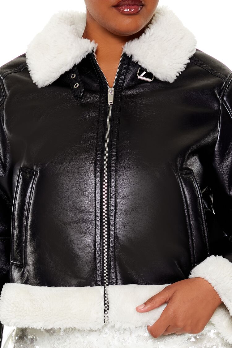 Plus Size Faux Shearling Aviator Jacket - Image 3