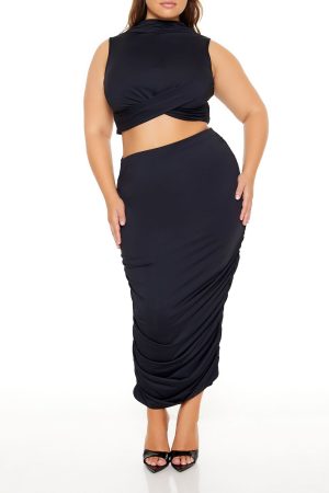 Plus Size Ruched Crop Top & Skirt Set