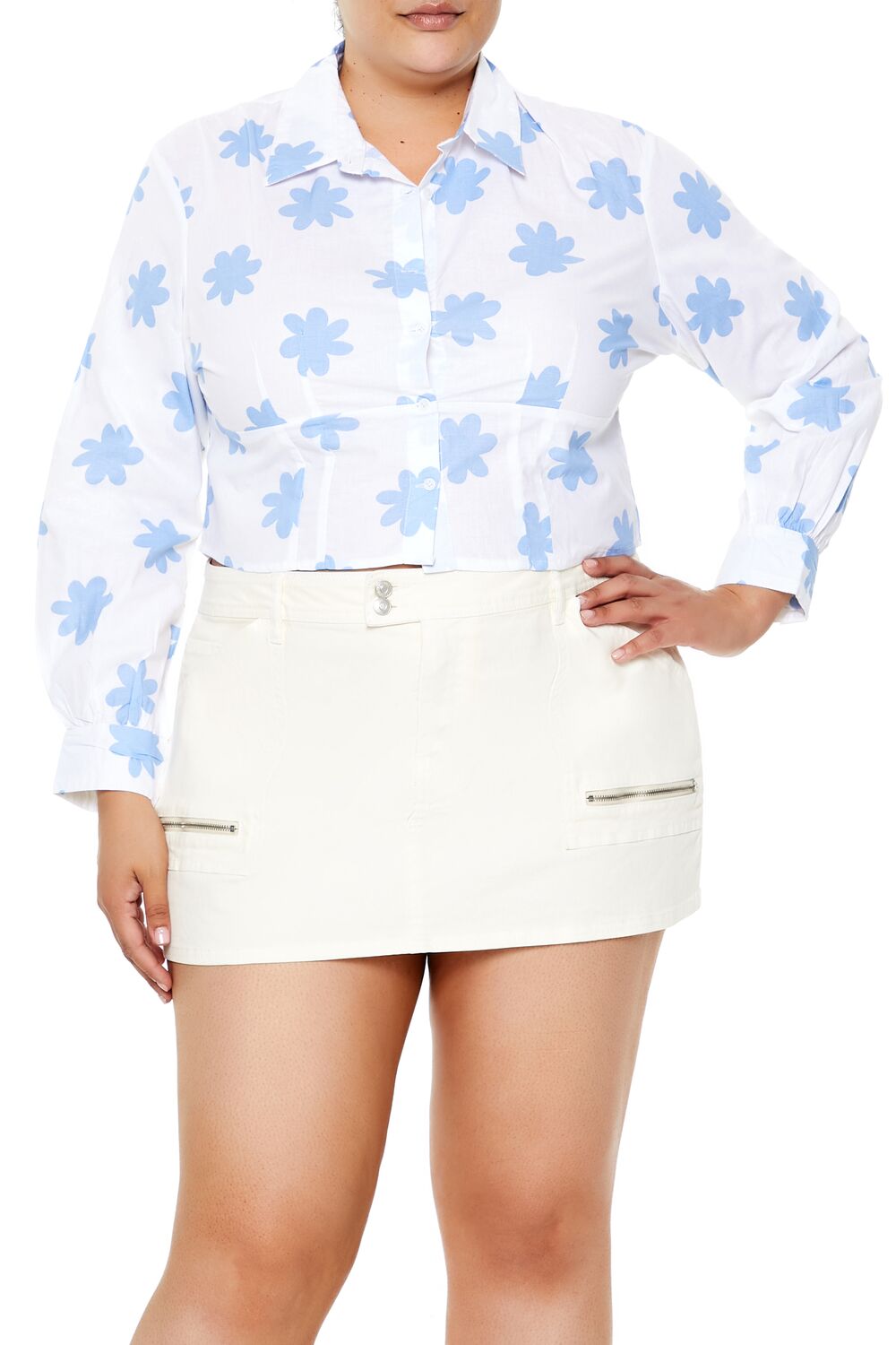 Plus Size Floral Print Cropped Shirt