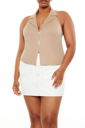 Plus Size Zip-Up Halter Crop Top