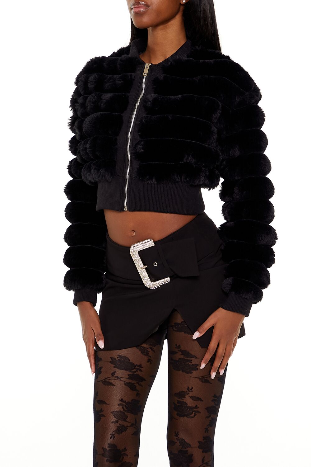 Faux Fur Cropped Bomber Jacket - Image 9