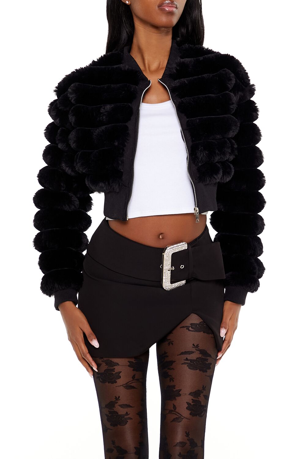 Faux Fur Cropped Bomber Jacket - Image 11